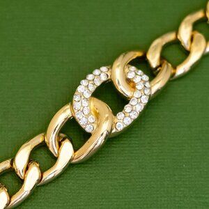 7 inch, Vintage Large Curb Chain Stylish Rhinestones Center Bracelet, K36